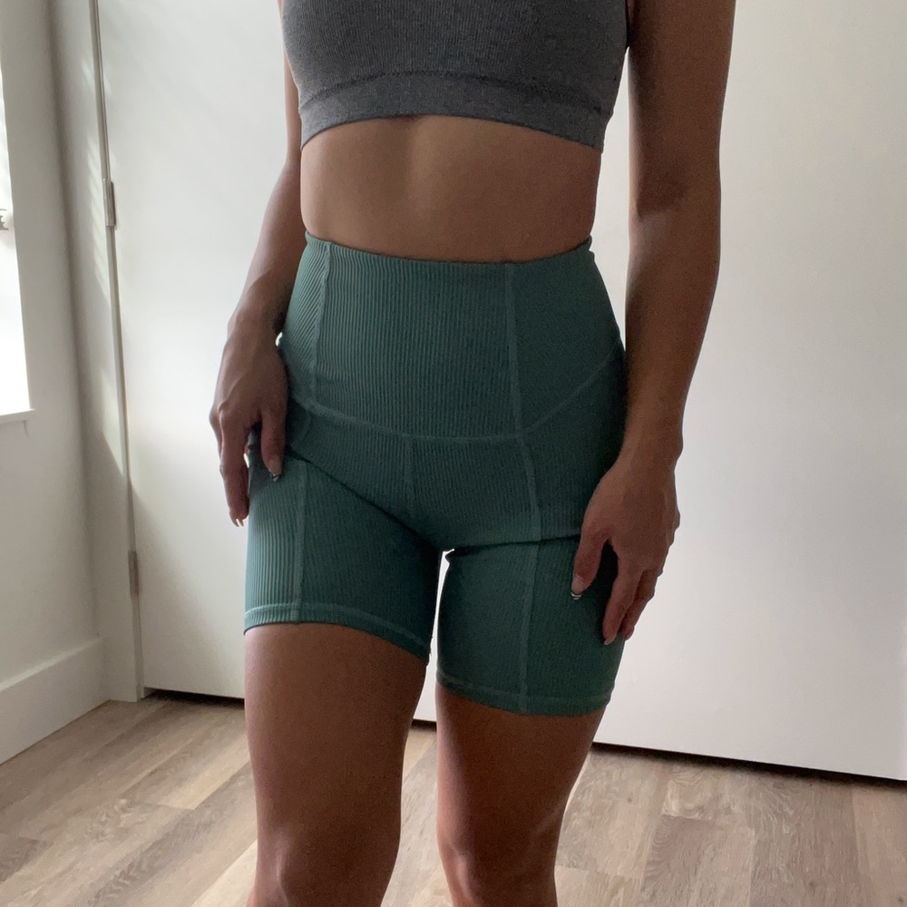 Free People Good Karma  Sage Green Ruched Biker Shorts